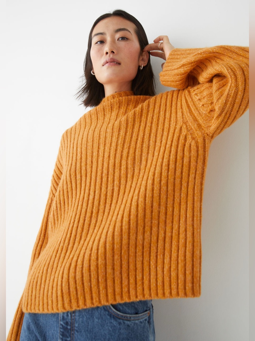 & OTHER STORIES Oversized Rib Knit Funnel Neck Sweater in Mustard Wool & Alpaca